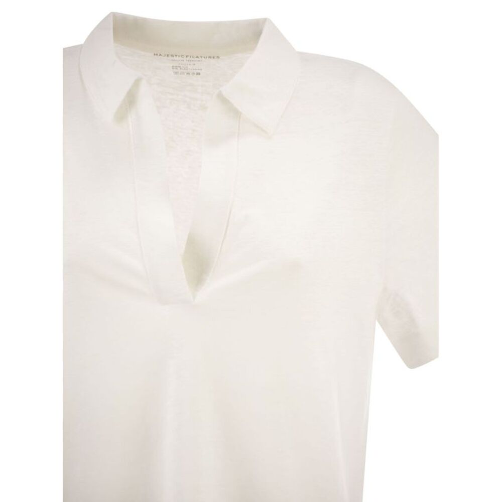 Majestic Women Cropped Linen Stretch Polo With V-Neck - Picture 4 of 4